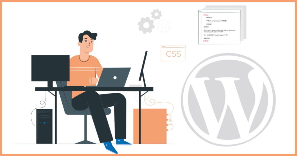 Ein junger Mann sitzt an einem Schreibtisch mit Laptop, umgeben von WordPress-Elementen und CSS-Code.