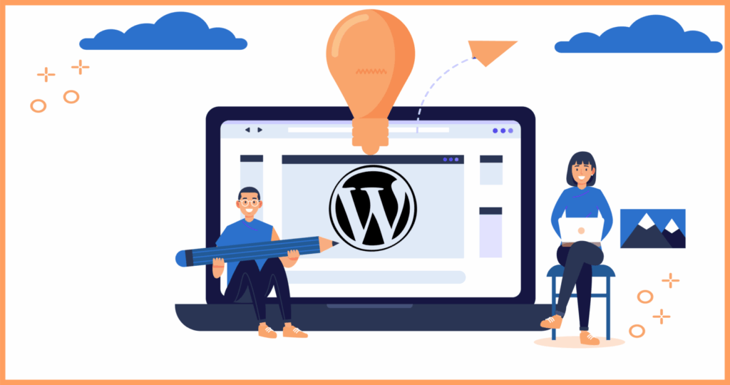 Illustration von zwei Personen, die an einem Laptop arbeiten, um WordPress-Vorlagen für Websites zu gestalten und Suchmaschinenoptimierung mit WordPress-Erweiterungen durchzuführen.