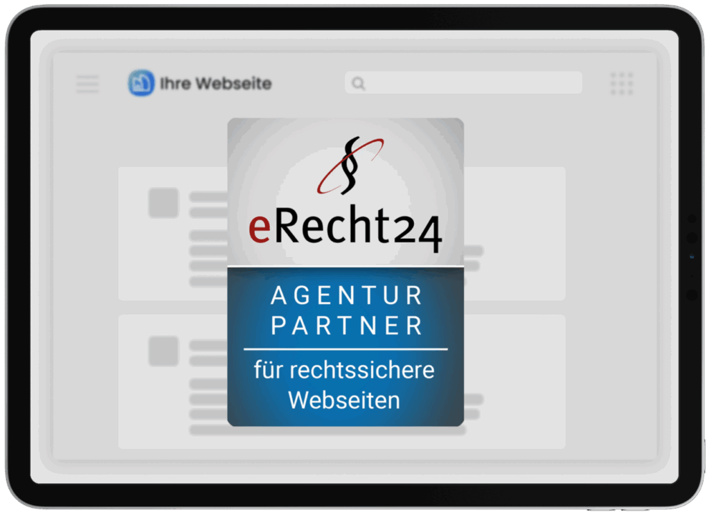 Bild eines Tablets mit dem Logo von eRecht24, das rechtssichere Webseiten anbietet.