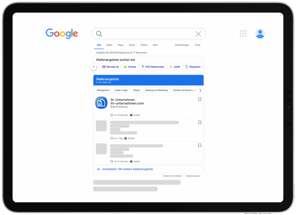 Bild eines Tablets mit Google-Suchseite für Stellenangebote in der Nähe.