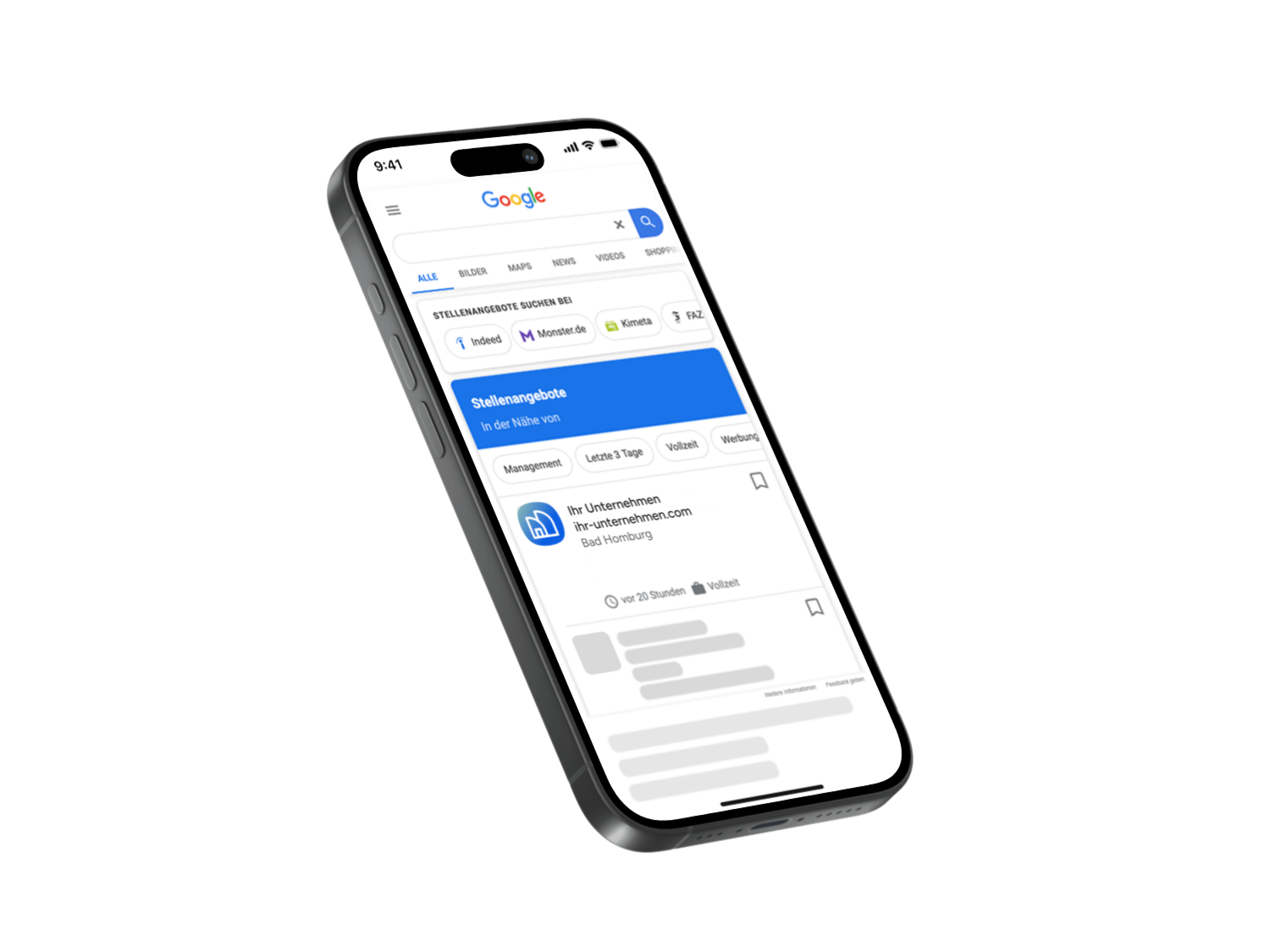 Smartphone zeigt Google-Suche nach Stellenangeboten in der Nähe.