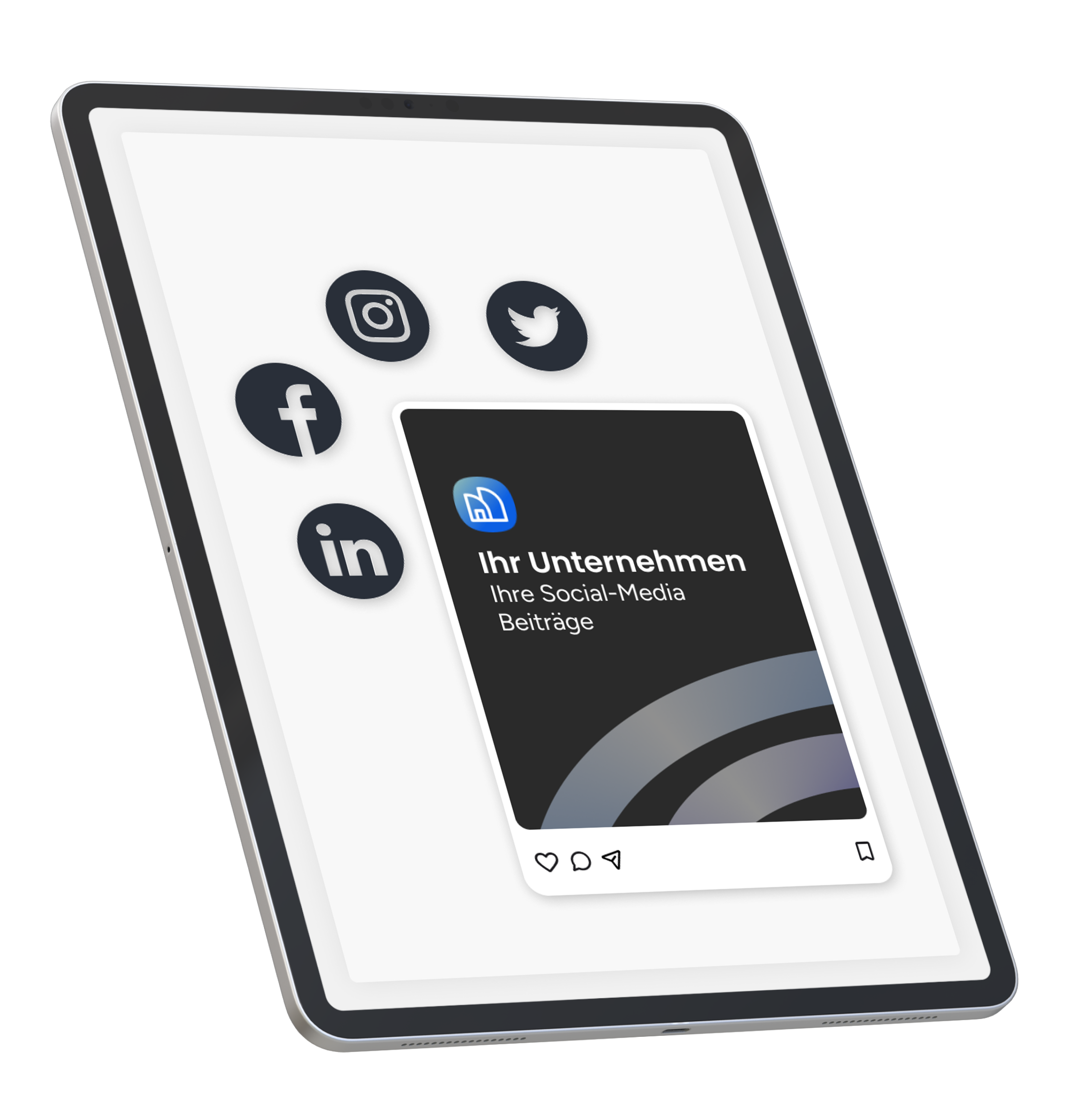 Bild eines Tablets mit Social-Media-Symbolen und einem Beitrag für Unternehmen.