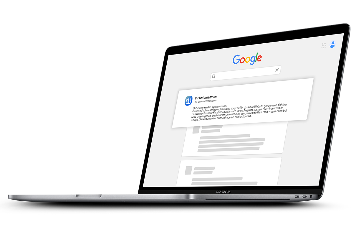 Laptop mit geöffneter Google-Suchseite und Unternehmensinformationen.