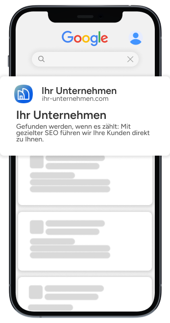 Bild eines Smartphones mit Google-Suchoberfläche und Unternehmensbenachrichtigung.