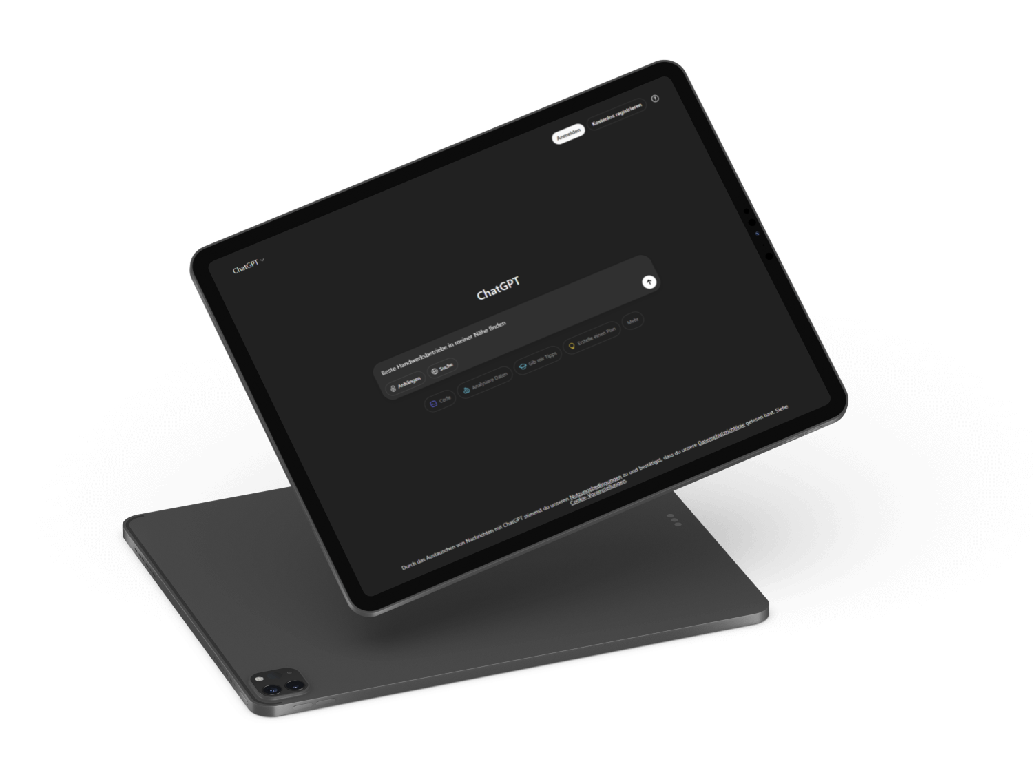 Tablet mit schwarzem Bildschirm und ChatGPT-Oberfläche, schwebend über einem grauen Hintergrund.