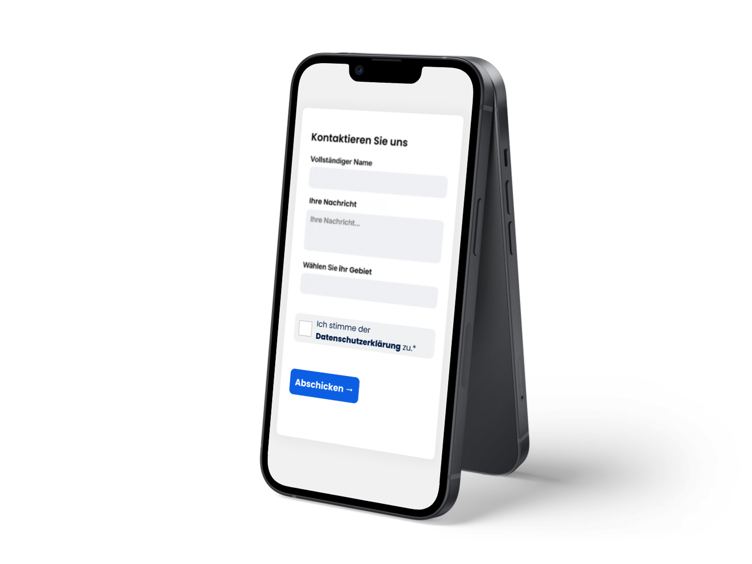 Smartphone mit Kontaktformular und Datenschutzerklärung auf dem Bildschirm.