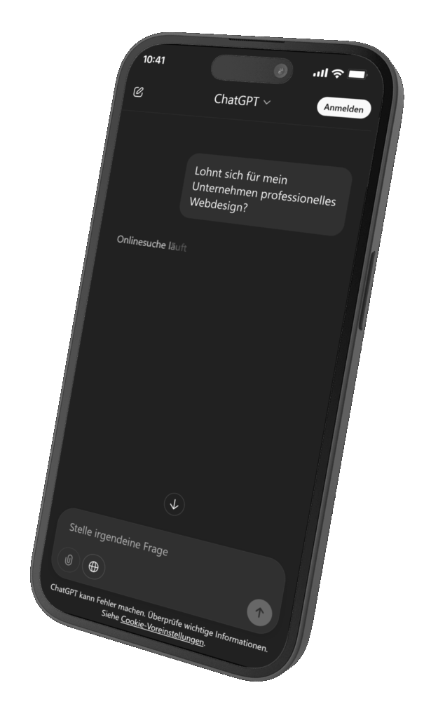 Bild eines Smartphones mit einer ChatGPT-Oberfläche und einer Frage zum Webdesign.