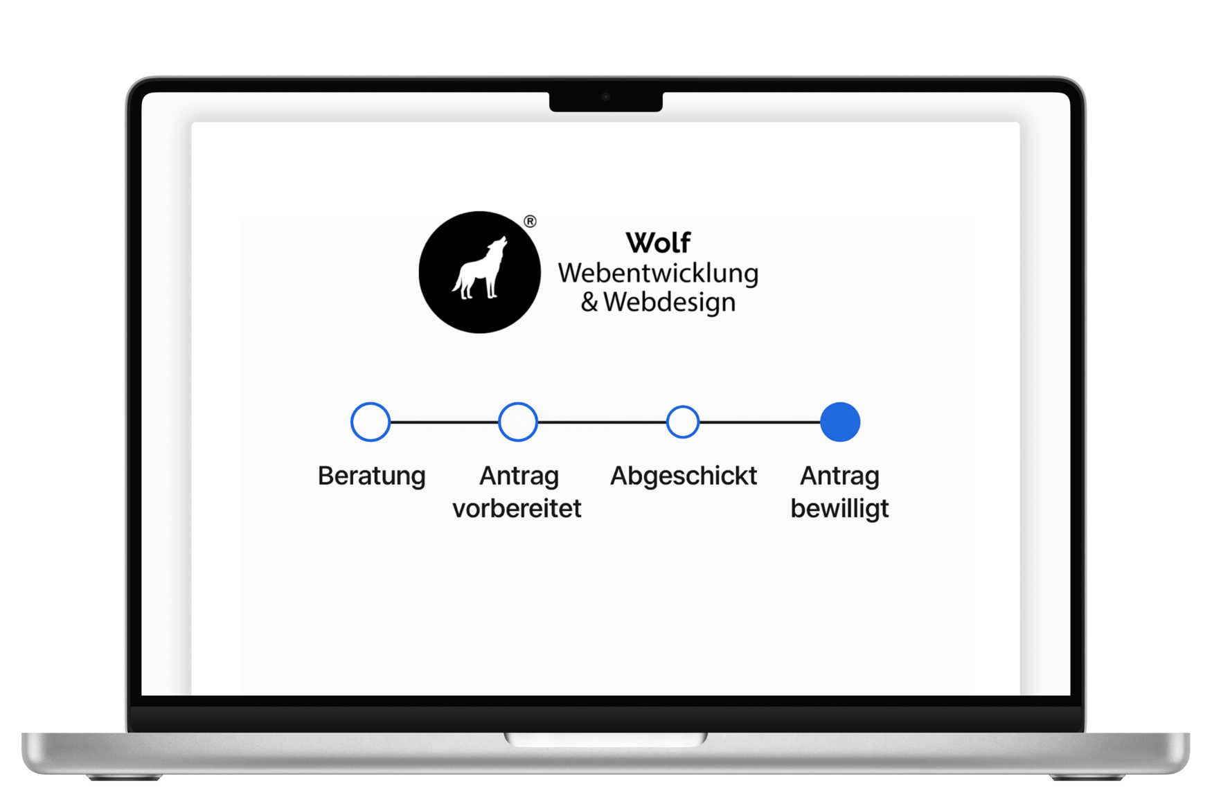 Laptop mit Logo von Wolf Webentwicklung und Webdesign sowie Statusanzeige für Anträge.