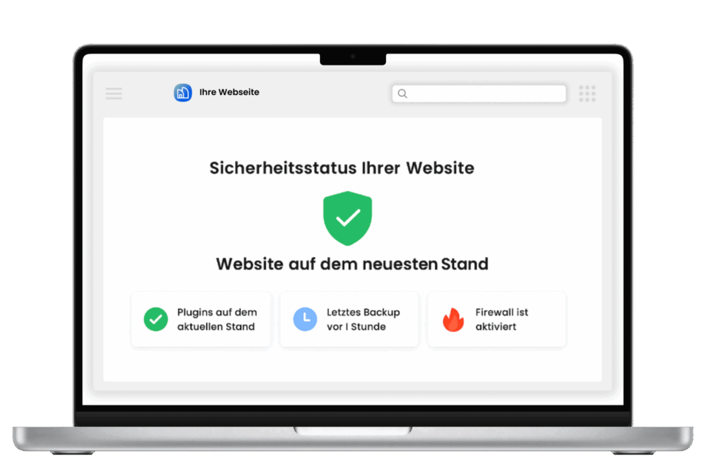 Bild eines Laptops mit Sicherheitsstatus der Webseite und aktuellen Informationen zu Plugins und Backup.