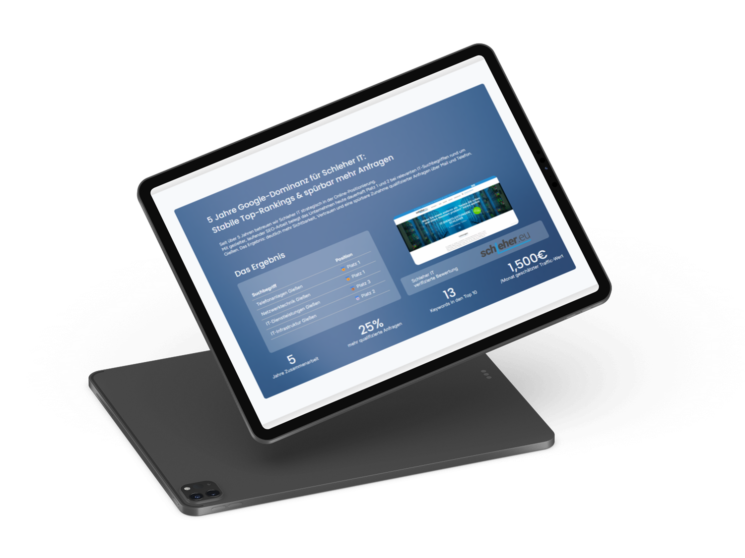 Tablet mit Präsentation über Google-Dominanz und stabile Rankings in der IT-Branche.