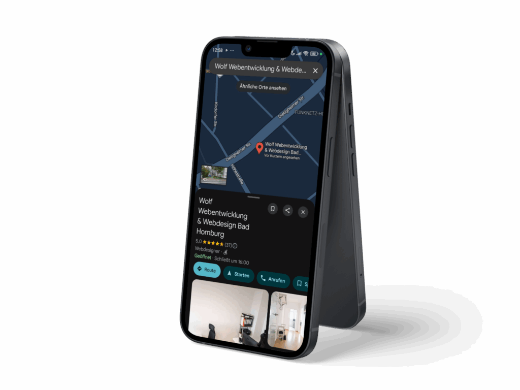 Smartphone zeigt eine Karte mit Informationen zu Wolf Webentwicklung in Bad Homburg.