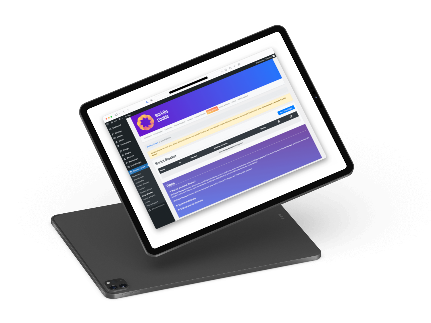Tablet mit Bildschirmansicht einer Webseite über KI-Strategien und Automatisierung.