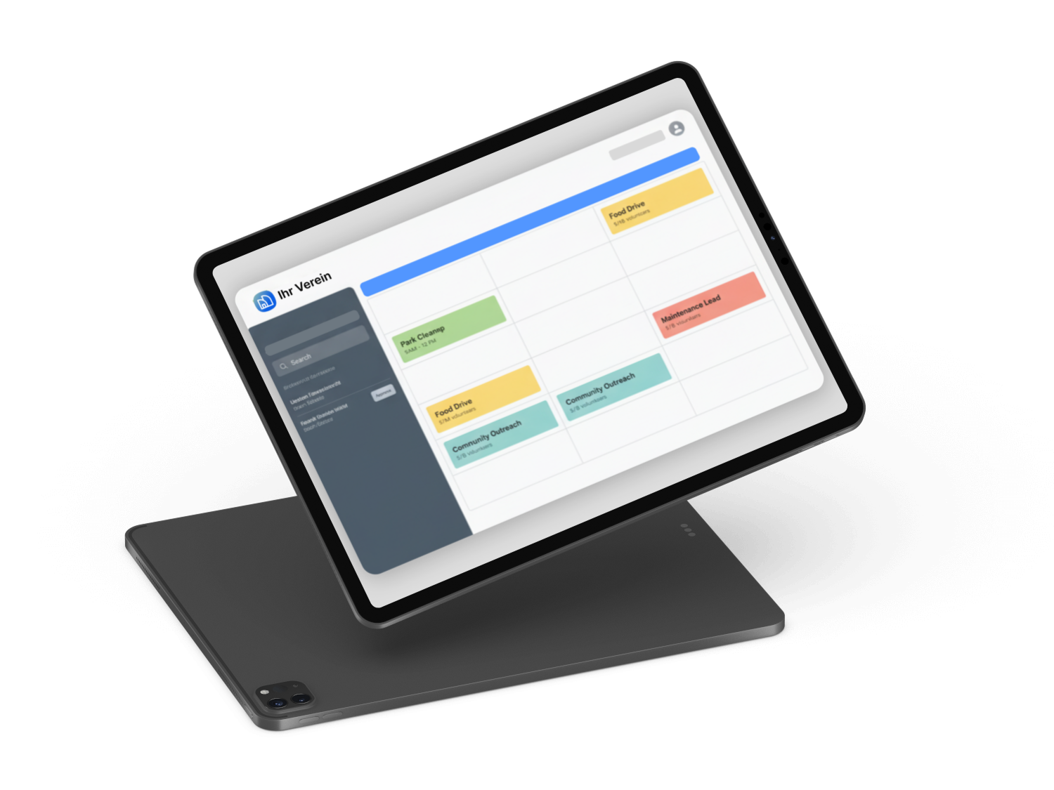 Tablet mit Kalenderansicht für Vereinsaktivitäten und Aufgaben.