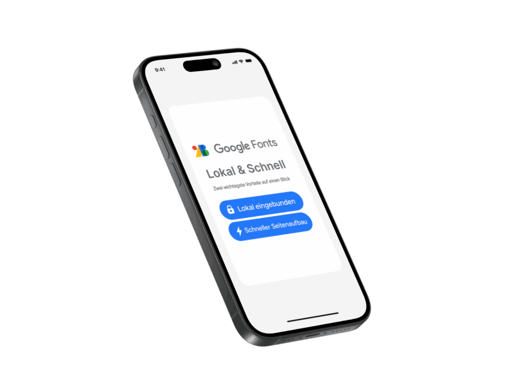Bild eines Smartphones mit der Google Fonts-App, die lokale Schriften einbinden und schnellen Seitenaufbau zeigt.