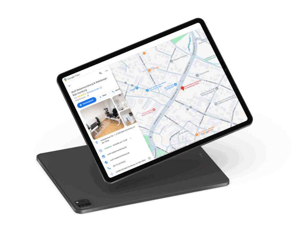 Foto eines Tablets mit Google Maps, das die Position von Wolf Webentwicklung in Bad Homburg zeigt.