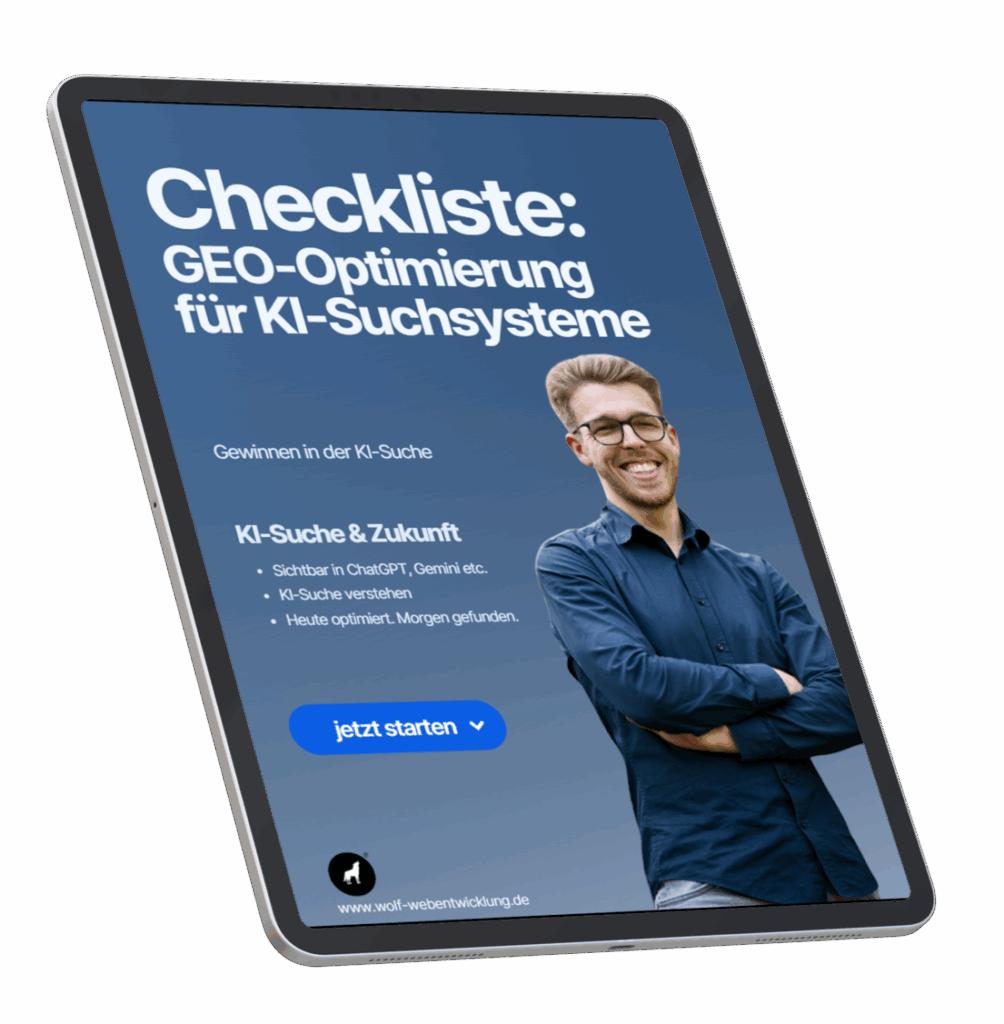 Bild eines Tablets mit einer Checkliste zur GEO-Optimierung für KI-Suchsysteme und einem lächelnden Mann.