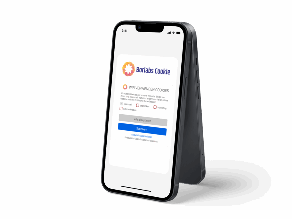Smartphone zeigt Cookie-Zustimmung von Borlabs mit Optionen zur Auswahl.