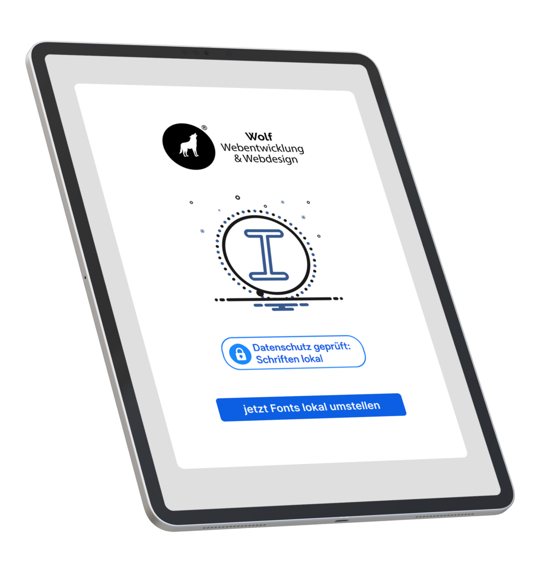 Bild eines Tablets mit der Anzeige von Webentwicklung und Webdesign, inklusive lokaler Schriften.
