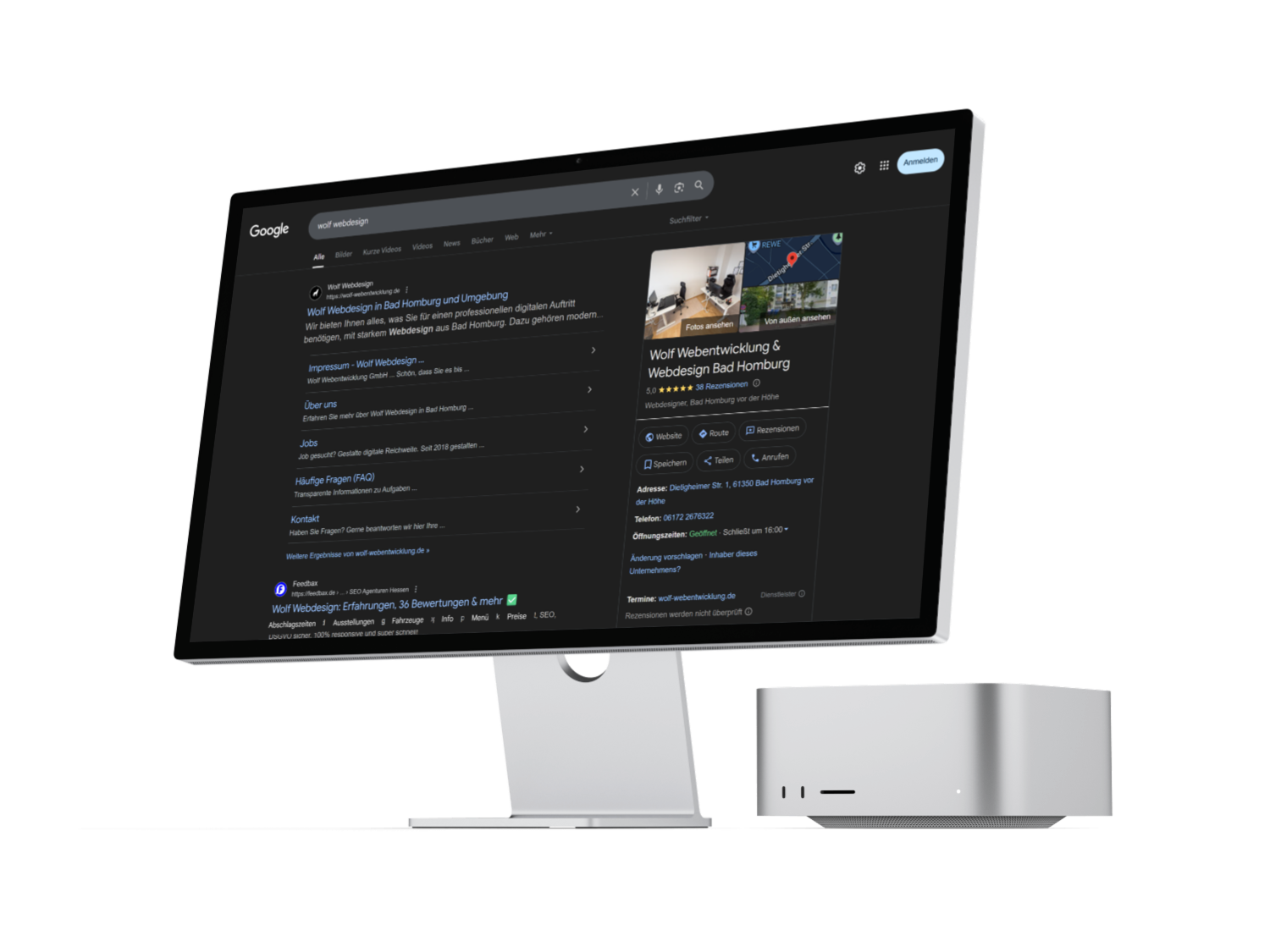 Bild eines Computers mit Suchergebnissen zu Wolf Webentwicklung und Webdesign in Bad Homburg.