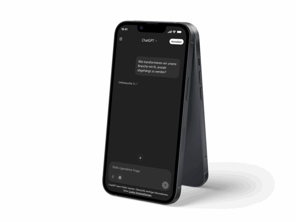 Smartphone mit ChatGPT-Oberfläche, Fragen zur KI-Strategie Bad Homburg und Automatisierung mit KI.