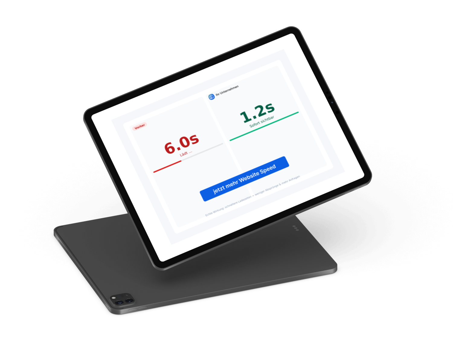 Tablet zeigt Ladezeiten von 6,0s und 1,2s für eine Website an.