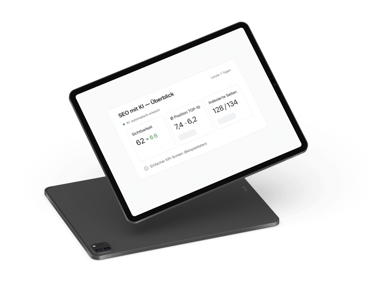 Tablet mit Übersicht zu SEO-Daten, Sichtbarkeit und indexierten Seiten. Ideal für Website-Optimierung.