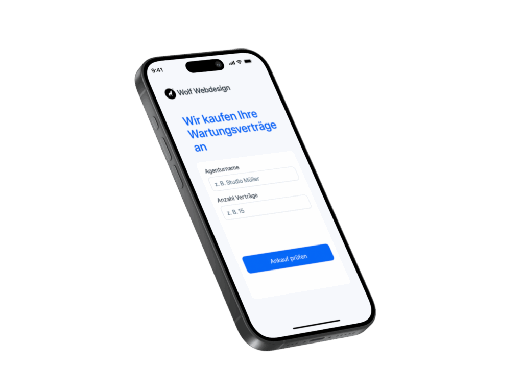 Bild eines Smartphones mit einer Webseite von Wolf Webdesign, die Wartungsverträge anbietet.