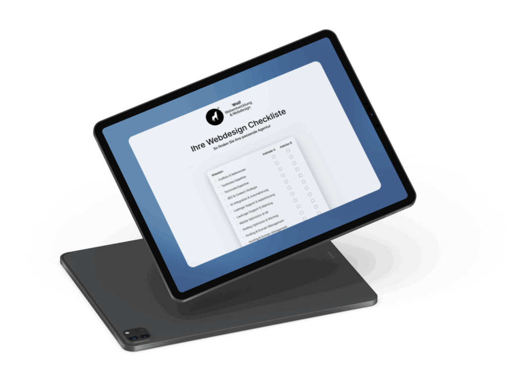 Tablet mit Webdesign-Checkliste auf dem Bildschirm, Hintergrund in sanften Farben.
